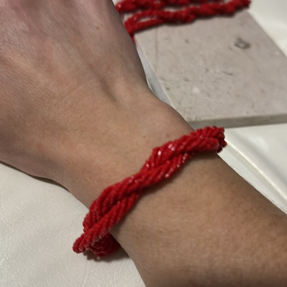Beaded Necklace and Bracelet Set-Red Seed Beads-Multi Strand Twisted Details-EUC - Picture 9 of 14